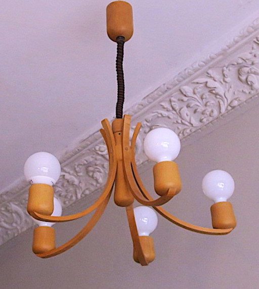Domus Variable Height Chandelier with Five-Arms Denmark 1970s – kroonluchters, Wood (photo 2 of 6)