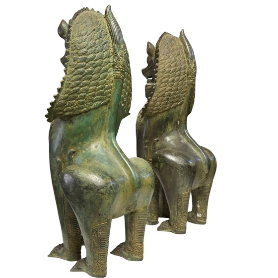 Coppia di Leoni del Tempio Singha Monumentali - Antichissimi Guardiani della Casa - 7,4 kg Bronzo – Sculture (photo 7 of 10)