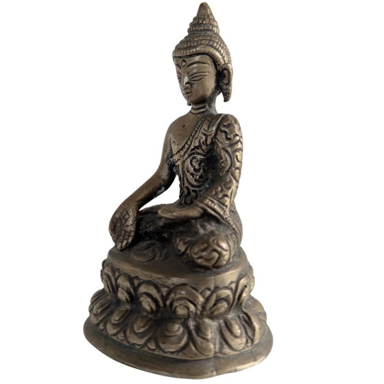 Statua di Buddha in Ottone Antico (10cm) - Bhumisparsha Mudra & Svastica - Nepal – Sculture, Brass (photo 8 of 10)