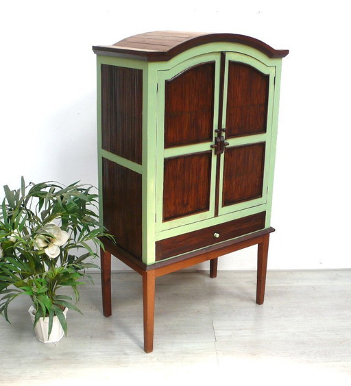Vintage Bambus Schrank Tiki Stil 70er, 2 Türen 1 Schublade, Bambus + Hellgrün – opbergkast, Wood