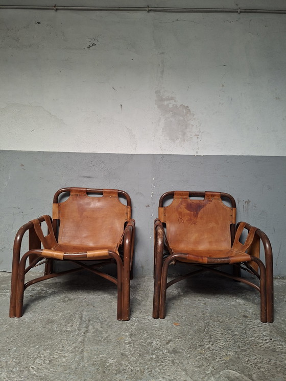 Image 1 of 2 poltrone safari in pelle e bambù di Tito Agnoli per Bonacina