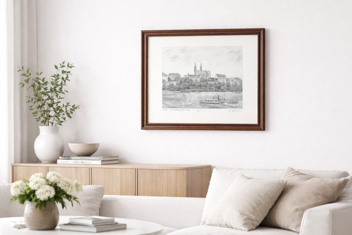 Litografia vintage firmata | Basilea – Am Kleinbasler Ufer | Annette Engelmeier