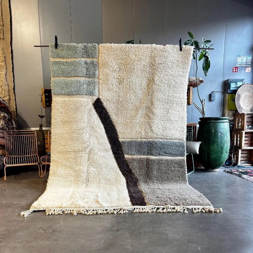 Moroccan Modern Rug 200x300 cm – Handmade Wool Berber Rug – White Textured Geometric Design – Modern Minimal Area Rug