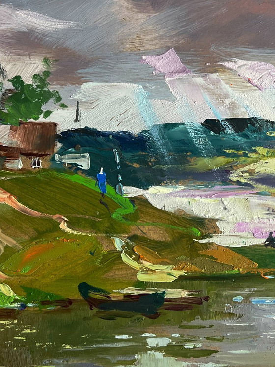 Image 1 of Origineel olieverfschilderij: Landelijk landschap, natuur, een rivier nabij het dorp.