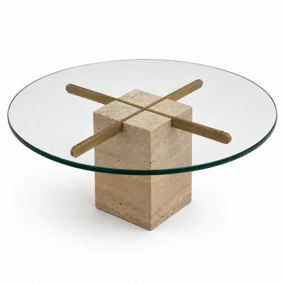Image 1 of Vintage Round Coffee Table with Thick Glass Top and Travertine Base