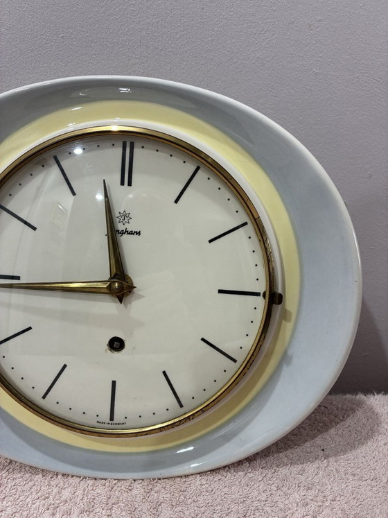 Orologio da parete in ceramica Junghans, Germania anni '50, Vetro, Blu, Mid Century Modern (foto 4 di 6)