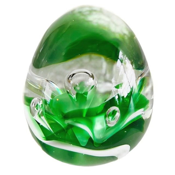 Image 1 of Vintage green and white clear glass paperweight bubbles 1980s