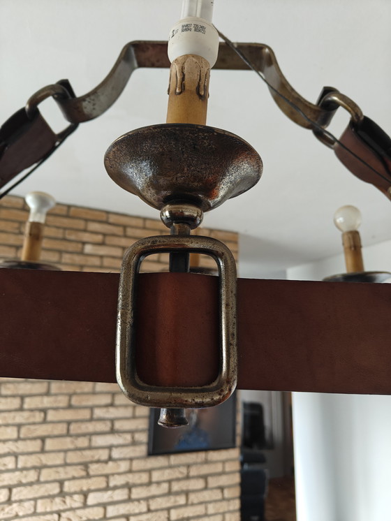 Image 1 of Lampadario francese con rivestimento in pelle, anni '50
