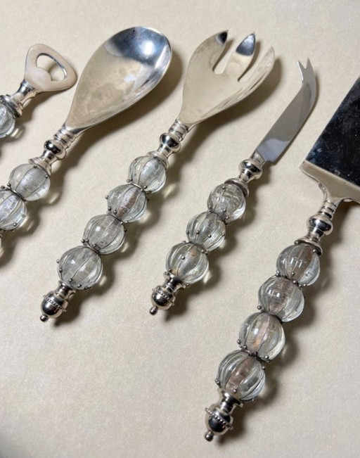 Silver-plated metal and glass serving utensils (salad/bottle opener/cheese/cakes)