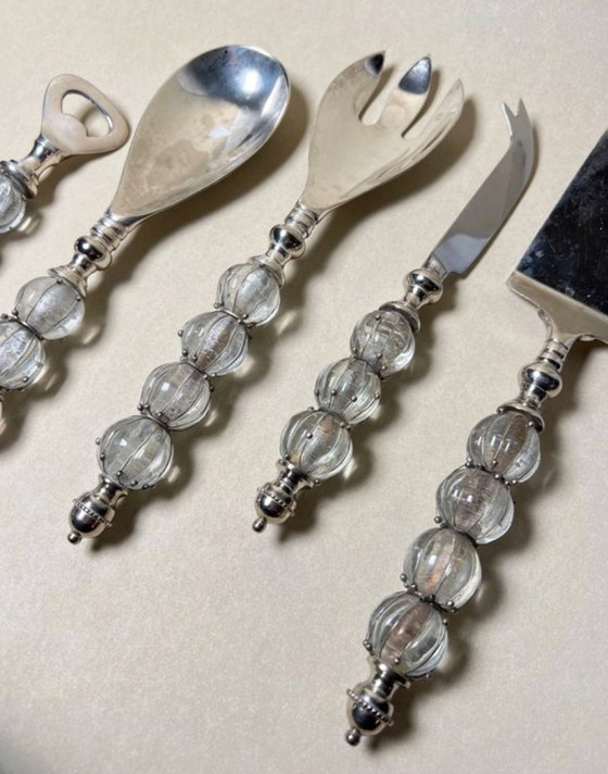 Image 1 of Ensemble de couverts de service (salade / décapsuleur / fromage / gateaux) en métal argent et verre
