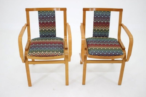 Image 1 of Set of Two Rare 1970s Czechoslovakian Bentwood Armchairs by TON in Colorful Patterned Fabric