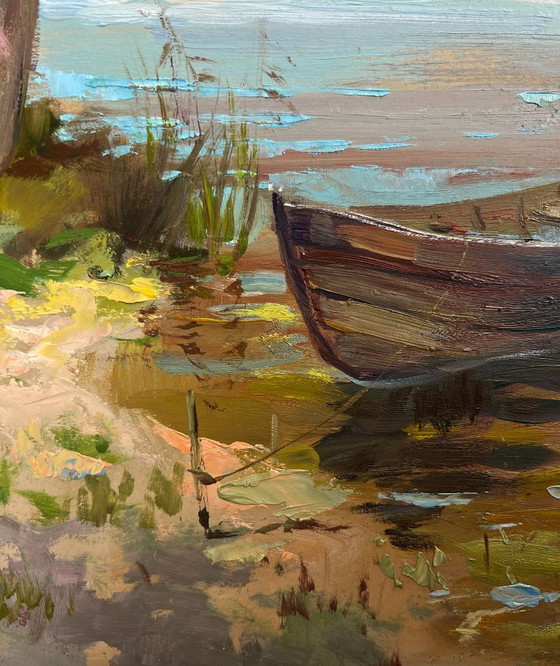 Image 1 of Pintura al óleo original Paisaje fluvial costero Río en los brazos del bosque