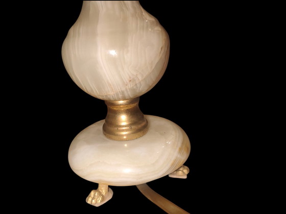 Image 1 of Vintage Onyx Lampenset Italië • G.S.E. Ottone Garantito • Messing Leeuwenpoten / Italiaanse Onyx Lampen Paar Messing Pootvoeten
