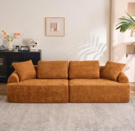 Oranje moderne minimalistische compressiebank van 266 cm (103 inch), L-vormige 4-zitsbank