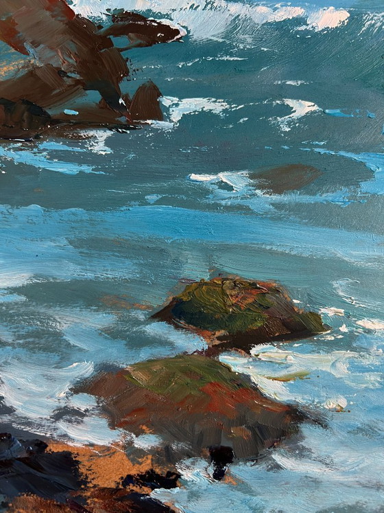 Image 1 of Origineel olieverfschilderij: een rotslandschap aan zee op een zonnige dag.