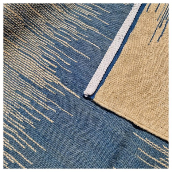 Alfombra Kilim tejida a mano | Diseño Ikat azul moderno | Lana de tejido plano sobre algodón (97 × 72 – Wool (photo 7 of 9)