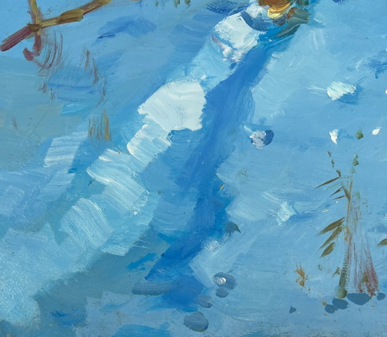 Image 1 of Peinture à l'huile originale Paysage de village enneigé Conte du soir d'hiver