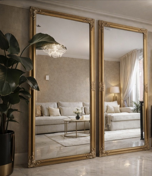 2 große Spiegel im Antik-Look aus Goldbronze mit Facetten