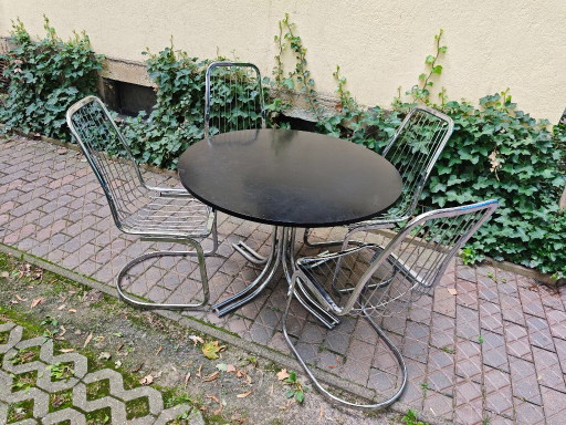 4x Stoelen en 1 Tafel Bauhaus Chroom Midcentury Retro Vintage Metalen Freischwinger Stoel Gastone Rinaldi Design