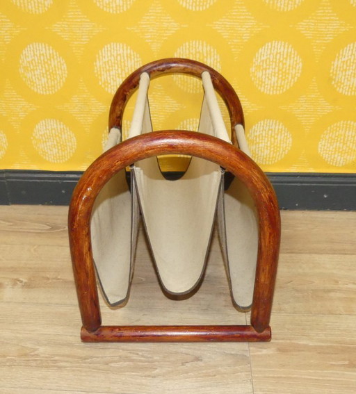 Vintage krantenrek, opbergruimte, bamboe, gebogen hout, linnen tijdschriftenrek, retro boho tiki rotan tijdschriftenrek