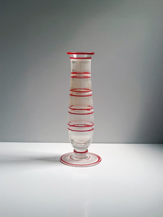 Image 1 of Vintage Bauhaus vase set glass stripes decor 20s 30s Art Deco vase hand-painted red orange white Lausitzer Loetz 1920s / 1930s