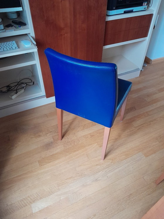 Image 1 of 6 Poltrona Frau eetkamerstoelen Liz, kobaltblauw leder en kersen kleurig Beuken onderstel