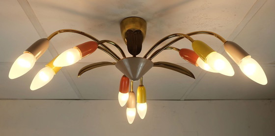 Image 1 of schöne 1950er Mitte Jahrhundert Sputnik Spinne 9-Licht Deckenleuchte Kronleuchter Messing Metall Mitte Jahrhundert stilnovo