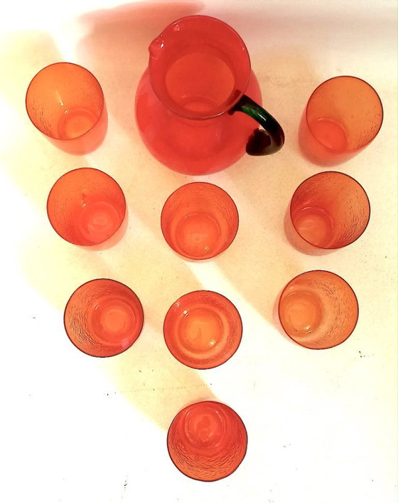 Image 1 of Orangenlimonaden-Set mit 9 Gläsern und 1 Krug. 1960er Jahre