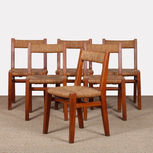 Set of 6 straw-seated chairs in solid elm, French work, 1950