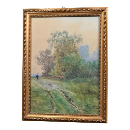 Antikes französisches signiertes Aquarell Landschaft mit Landweg, vergoldeter Rahmen, um 1900