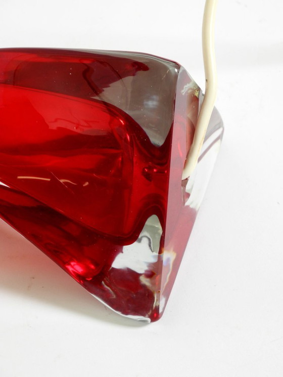 Image 1 of Beautiful heavy mid-century modern table lamp made of solid crystal glass in red and transparent