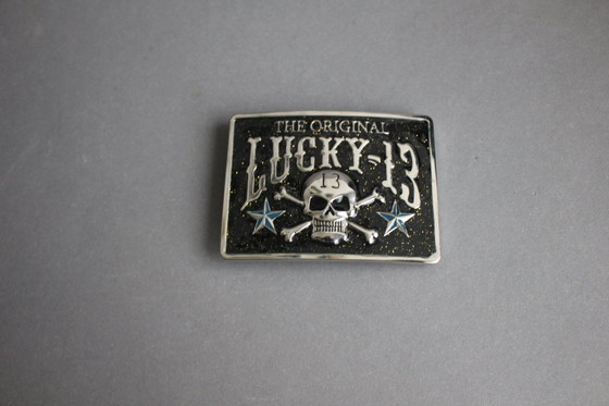 Image 1 of Unusual large belt buckle, original Lucky 13, with rectangular metal skull design