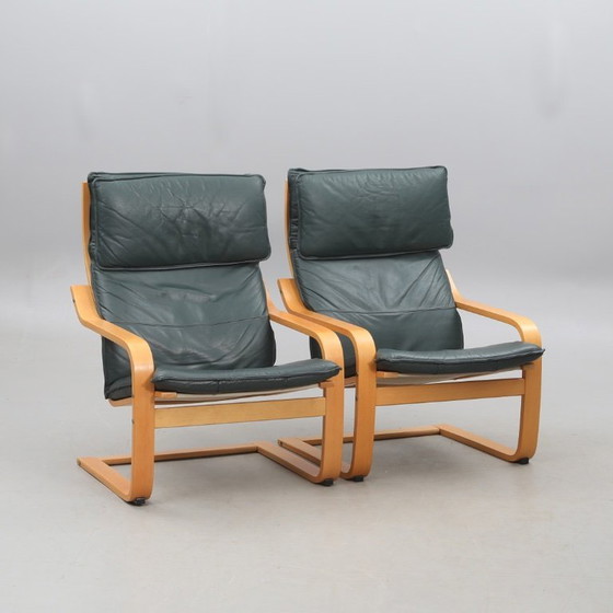 Image 1 of Noboru Nakamura for IKEA — Pair of “Points” Armchairs — Birch & Leather Upholstery — Contemporary — H 94 cm (37.0 inches).  ￼