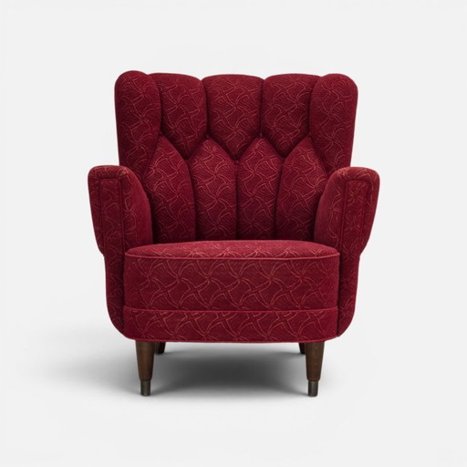 Anni '60, poltrona danese, tessuto originale rosso per mobili.