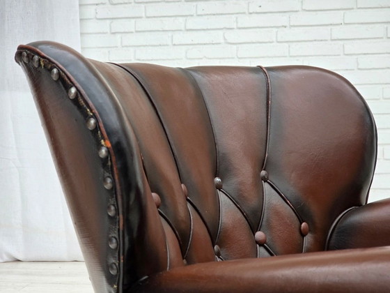 Image 1 of 1930s, Danish armchair, brown furniture leather, velour.