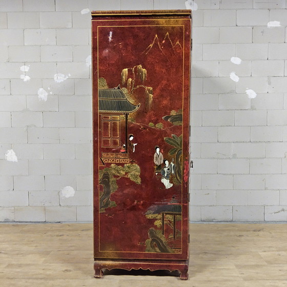 Image 1 of Mobile cinese d'epoca rosso e oro / scena tradizionale / signore in giardino cinese (mobile bohémien, mobile orientale)