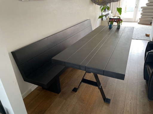 Custom-made oak dining table with bench