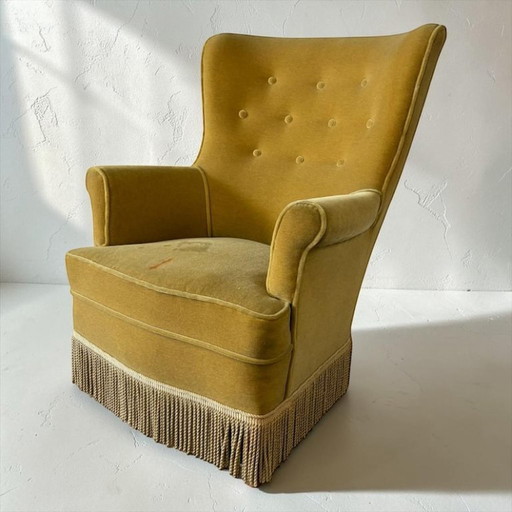 Vintage ockergelber Sessel / Einzelsessel mit Fransen
