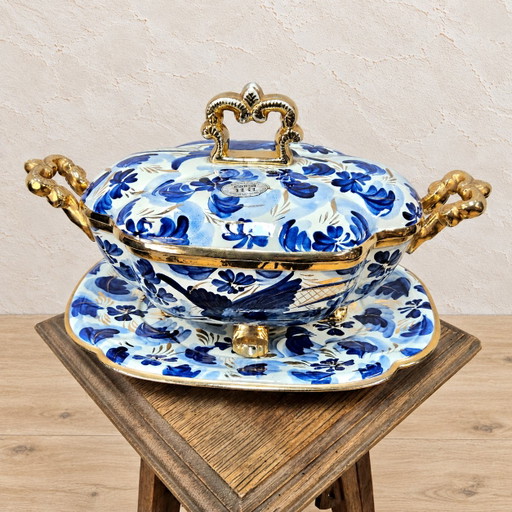Vintage Bonbonniere H.Bequet blauw vogels handbeschilderd  (bonbon schaal Chinese stijl)