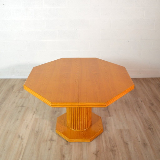 Octagonal dining table with wood and bamboo extension leaf 1980s