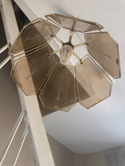 Vintage Hollywood Regen-Pendelleuchte, Messing und geätztes Glas – hanglampen, Brass (photo 2 of 5)