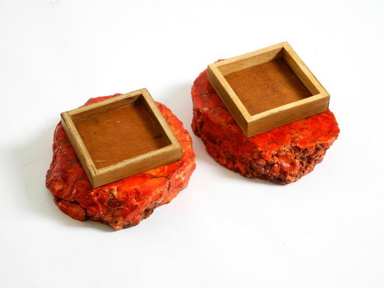 Image 1 of Two Unique Mid-Century Standing Ashtrays Consisting of Red Alabaster Cup with Beautiful Wooden Stand with Shelves