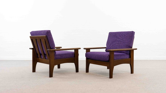 Image 1 of Set van 2 scandinavische fauteuils in teak met paarse bekleding