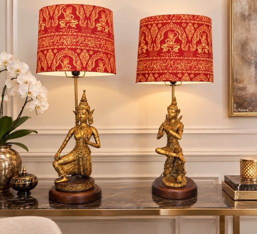 Seltene Große Thai Bronze Lampen 19. Jh. Gestempelt Chiang Mai Seide Thai Brokat