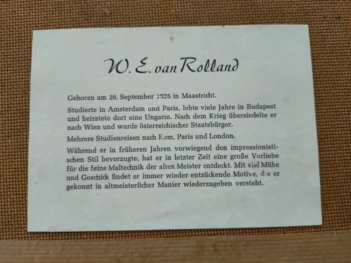 Pascolo alpino sullo sfondo di montagne, dipinto a olio di W. E. Van Rolland