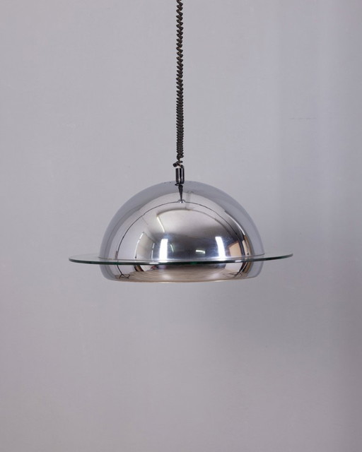 VINTAGE 70'S CHROME METAL AND GLASS CHANDELIER, ITALIAN DESIGN