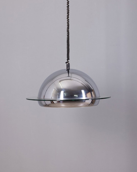 Image 1 of VINTAGE 70'S CHROME METAL AND GLASS CHANDELIER, ITALIAN DESIGN