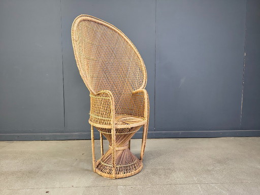 Fauteuil paon vintage en osier, années 1970
