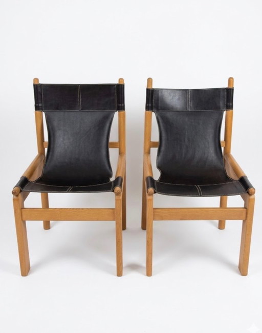 Set of 2 Vintage Safari Chairs - Dark Brown Leather & Oak