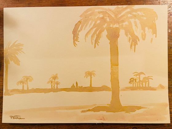 Image 1 of Dipinto ad acquerello di un paesaggio egiziano, "Alba sul Nilo"